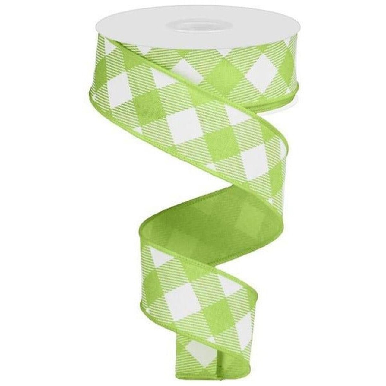 1.5" Diagonal Check On Royal Ribbon: Bright Green & White (10 Yards)